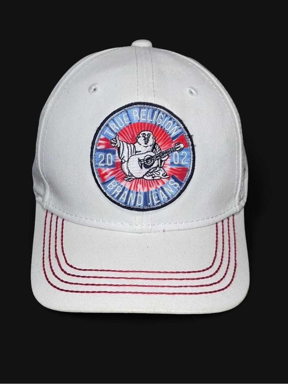 RARE True Religion 2002 Brand Jeans Baseball Cap Hat White & Red Stitching